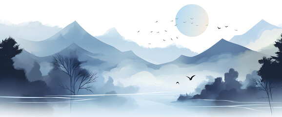 Hand drawn watercolor mountain landscape