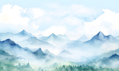 Fototapeta premium Hand drawn watercolor mountain landscape