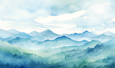 Fototapeta na wymiar Hand drawn watercolor mountain landscape