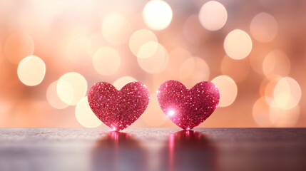Two glitter heart shape with bokeh background