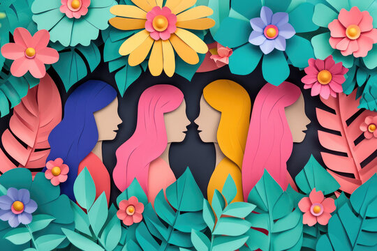happy international woman's day card with girls and flowers, paper cut