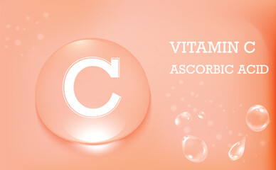 Golden glow of vitamin C. Ascorbic acid. Drops of water on an orange background. Skin care.