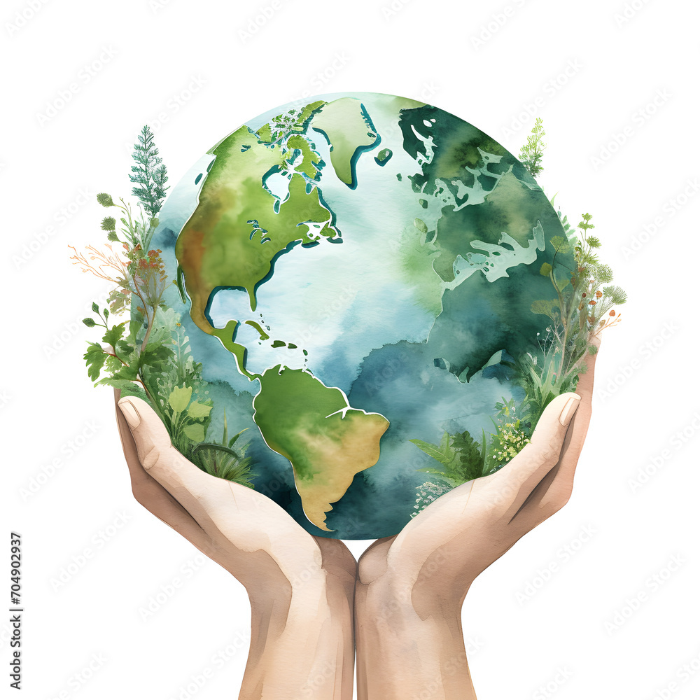 Wall mural human hands holding a earth planet watercolor illustration