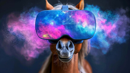 horse wearing virtual reality goggles, displaying a vibrant galaxy pattern, set against a dark background with colorful nebula clouds