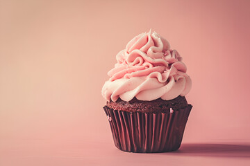 Cupcake with pink icing on pink background, vintage style