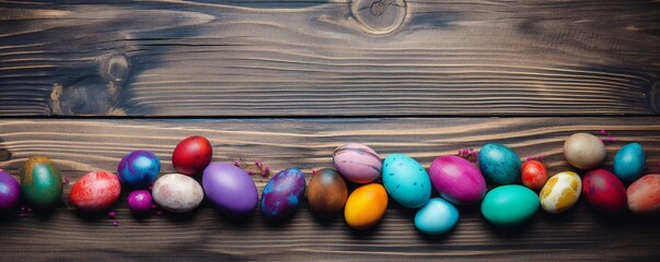 Colorful easter eggs on wood plank top desk background, above view Generative AI