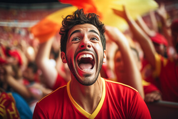 Obraz premium A happy male fan shouts celebrating victory in a stadium full of people