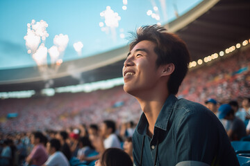 A Japanese fan happily enjoys celebrating at a sporting event - obrazy, fototapety, plakaty