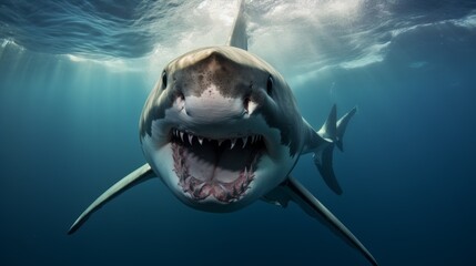 Close-up of a large shark with its mouth open swimming underwater directly into the camera against...