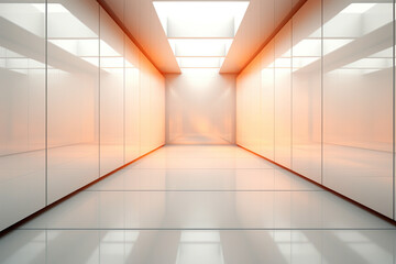 Futuristic corridor with glowing ceiling and reflective floors