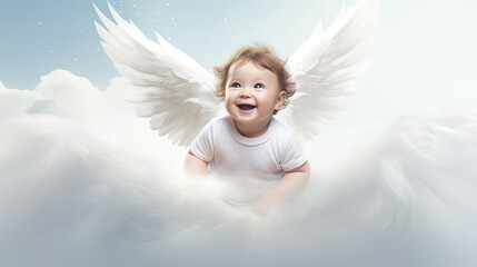 Toddler baby with feather wings like an angel in the sky, happy and smiling baby 