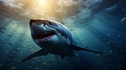 A large shark with an open mouth swims underwater with small fish in a blue sea with falling...
