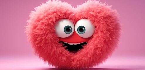 Fototapeta premium cute fuzzy furry heart on a monochrome background with emotion. Cartoon Heart with big realistic eyes. Pink shades
