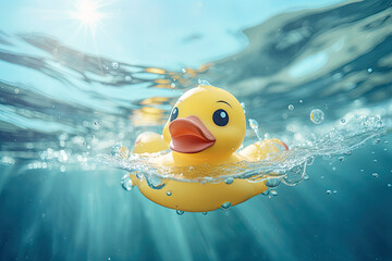 yellow rubber duck in the water swimming 
