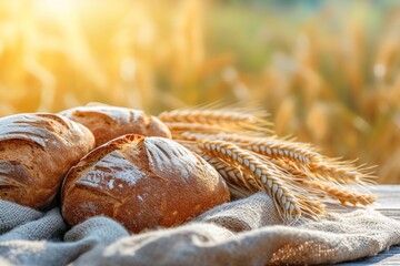 baked bread on the table, blurred nature background - obrazy, fototapety, plakaty