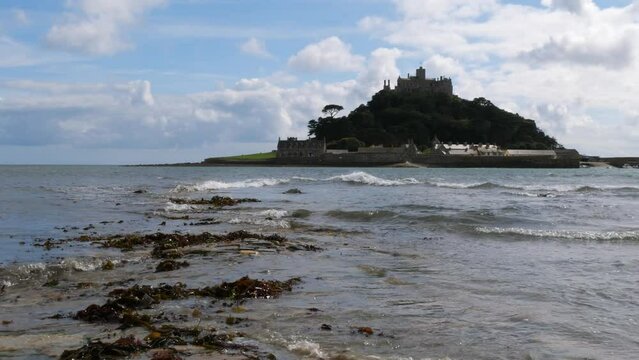 Causway leading to St Michael's Mount under water, Marazion, England, UK