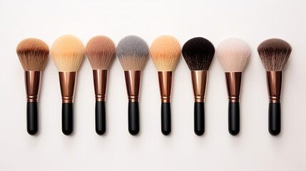 Make up brushes on a light background, top view, beauty concept 