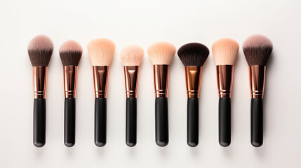 Make up brushes on a light background, top view, beauty concept 