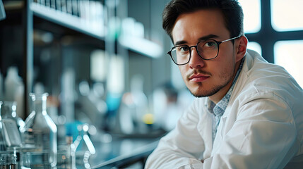 Portrait of a man as scientist wearing glasses and white coat, working  in a lab 