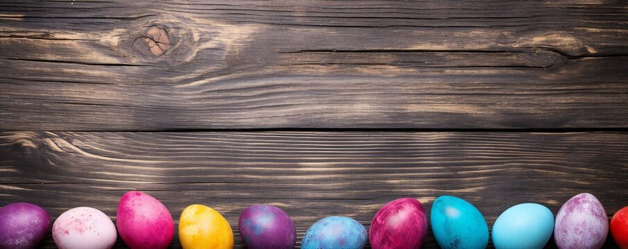 Colorful easter eggs on wood plank top desk background, above view Generative AI