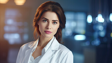 Obraz premium Portrait of a pharmacy healthcare worker in a white coat.