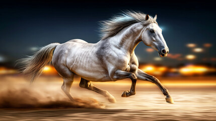 powerful grey horse running. Its mane and tail are flowing in the wind, with a blurred background suggesting speed