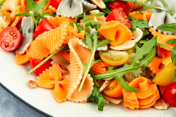 Vegetable salad with pasta, Mediterranean cuisine.