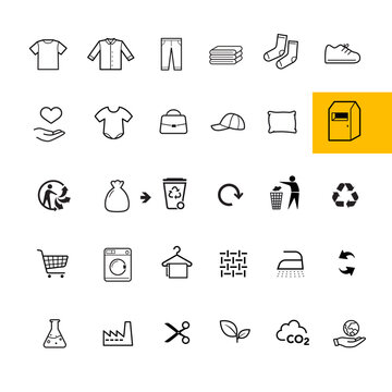 Set icons for recycling, utilisation textile clothing. The outline icons are well scalable and editable. Contrasting vector elements are good for different backgrounds. EPS10.