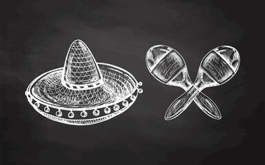 Hand-drawn sketches of maracas and sombrero on chalkboard background. Vintage drawing of hat. Vector black ink outline illustration. Mexican culture, clothes, Latin America.
