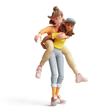 Young black woman carries female friend on her back who points finger in direction. Two cute kawaii positive excited active girls with playful mood meet adventure, fun. 3d render isolated transparent