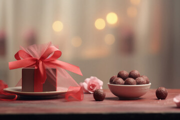 Gift box and chocolate balls on wooden table with bokeh background.