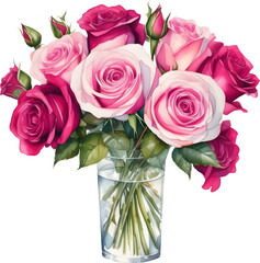 Watercolor painting of bunch of pink roses in glass vase jar arrangement isolated clipart element for card design decoration banner