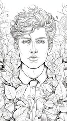 attractive boy. Coloring page for adult, white background. Generative AI	