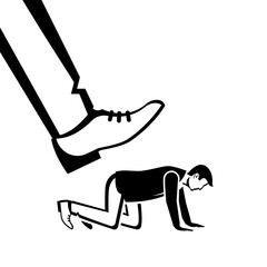 Oppression concept. The big fist of the boss presses on the small employee. Conflict at work. Business pressure. Vector illustration flat design. Isolated in the background.