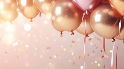 Pink and golden balloons on festive background