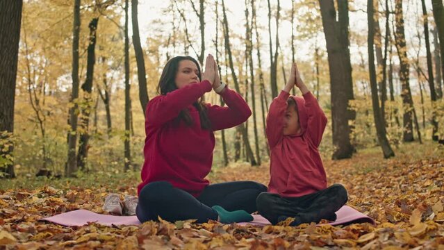 Mother and son do yoga on the autumn leaves. Balance and healthy lifestyle meditation with a child. High quality 4k footage