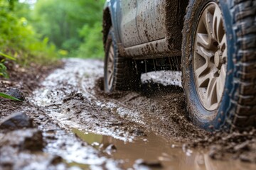 Fototapeta na wymiar Car tire driving through the mud after rain