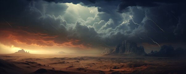 Dramatic view of heavy thunder storm coming over the desert Generative AI - obrazy, fototapety, plakaty