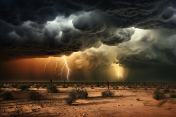 Dramatic view of heavy thunder storm coming over the desert Generative AI