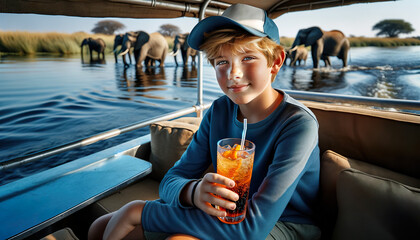 A young boy enjoying a river cruise safari on the Chobe River in Botswana Africa.The area is known for is large herds of elephants .