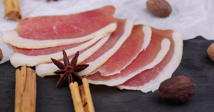 thinly sliced dried meat, pickled pork jerky ready for eating