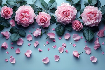 valentine's day, valentine, Elegant decorative web banner featuring blooming pink roses and petals arranged as a floral frame on a white background, with ample space