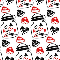 Pattern with a jar and pills in the shape of colorful hearts. A closed glass jar with pills for lovers. Hearts with an inscription. Flat vector illustration in doodle style. Valentine's Day Wrapping