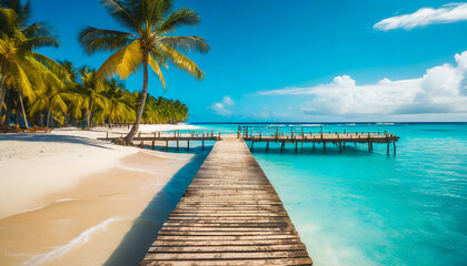 Paradise beach with a wooden pier and tropical palm trees