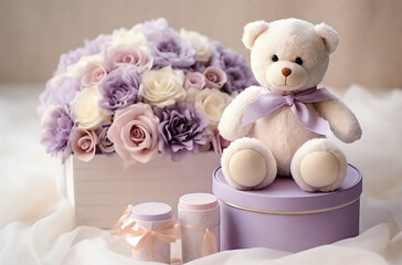 a teddy bear sitting on top of a purple box next to a bouquet of flowers and a jar of cream, generative ai