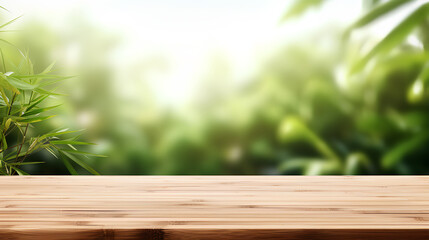 Clear wooden table blurred forest background daylight