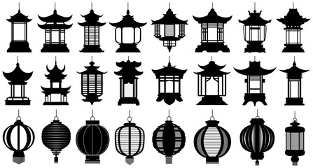 Set collections Japanese lanterns silhouette icon. Hanging  lamp decoration design vector Illustration - obrazy, fototapety, plakaty