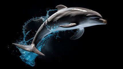 Dolphin diving in the air on black background