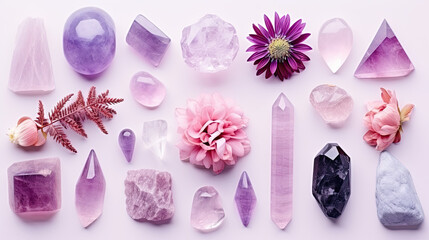 Top view of different colourful natural gem stones crystals with flowers on a pastel background.