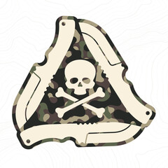 Vector sign of a knife forming a triangle inside a skull with crossed lines camouflage military texture background soldier. White background with contour line. - obrazy, fototapety, plakaty